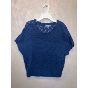 Draper James RSVP Blue Open Knit Pointelle V-Neck Short Sleeve Sweater Top Large